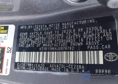2018 Toyota Camry Se from USA, damaged, VIN 4T1B11HK4JU676782